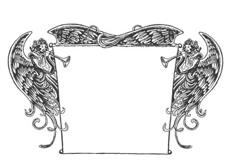 Angel Banner, Vintage Style. Old fashioned drawing of angels holding up a banner while blowing on trumpets. Style is reminiscent of woodcut or engraved period art.