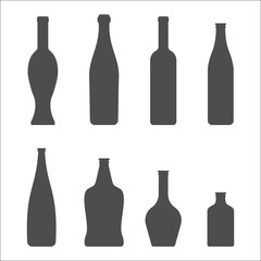 Set of Glass Bottles vector icons. Wine, beer, whiskey, liqueur, champagne and other Bottles silhouette or symbol