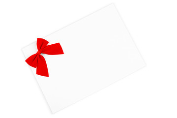 Card decorated with bow isolated on white