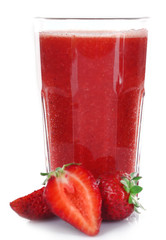 Glass of fresh strawberry cocktail and strawberries and strawberries isolated on white