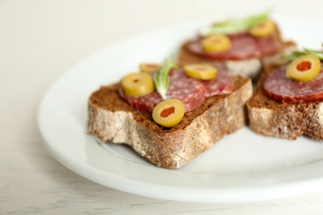 Tasty sandwiches on plate, close up