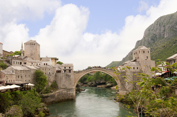 Fototapeta na wymiar Mostar in Bosnia and Herzegovina is the most important city in the Herzegovina region. The Old Bridge is one of the city's most recognizable landmarks. 