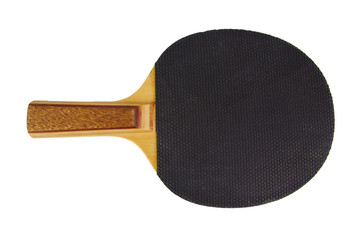 Single black ping-pong racket and ball isolated on a white