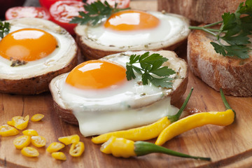 Fried eggs in potato shells