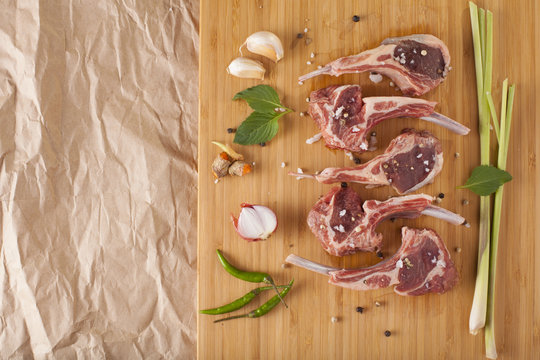 Thai Rack of lamb, Raw rack of lamb cut in pieces decorate and seasoning with Thai herb