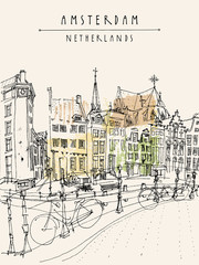 Amsterdam city view. Vector hand drawn vintage postcard or poster - obrazy, fototapety, plakaty