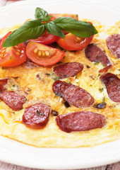 Omelet with pepperoni sausage and cherry tomato