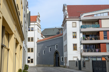 Skyline of buildings on Kanzleigasschen Street in Dresden, Saxon