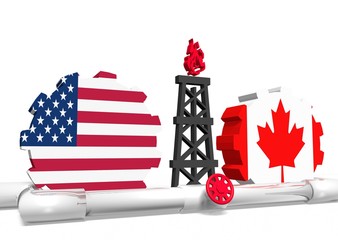 usa and canada flags on gears, gas rig, pipeline