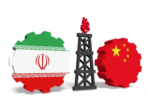 iran and china flags on gears, gas rig between them