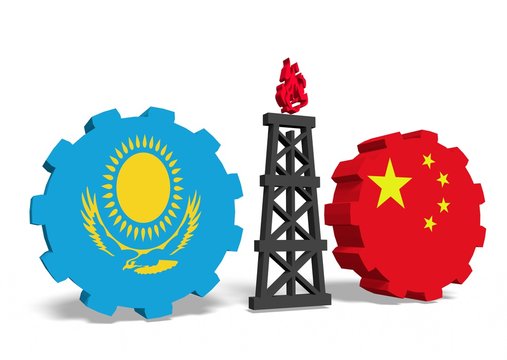 kazakhstan and china flags on gears, gas rig between them