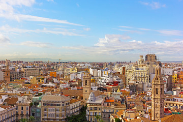 Aerial panoramic view of Valencia, Spain. Historic urban architecture of European city.