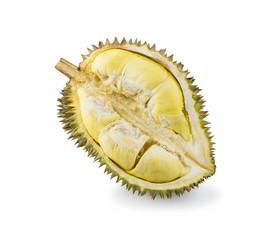 Yellow durian in side Mon Thong durian fruit on white background
