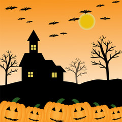 bat, pumpkin, house, moon and tree for halloween concept