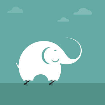 Vector image of ant lifting an elephant. Impossible concept