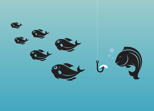Vector image of fish and earthworm and hook. Different concept.