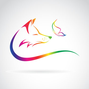 Vector image of fox and butterfly on white background