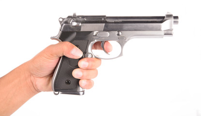 man's Hand With A Gun Isolated On White Background