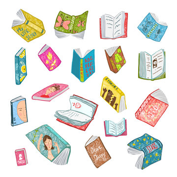 Colorful Open Books Drawing Library Collection