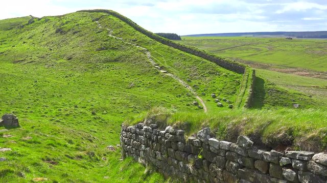 An establishing shot of Hadrians Wall in northern England.