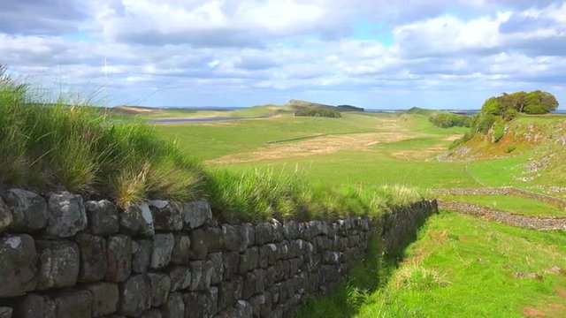 An establishing shot of Hadrians Wall in northern England.