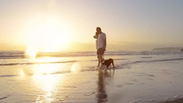 Happy couple walking dog on beach lifestyle steadicam shot