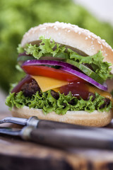 Beef burgers on a wooden board with aromatic spices