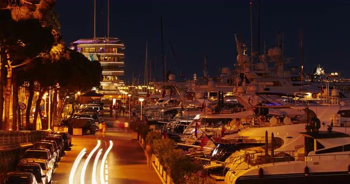 MONACO, MONTE-CARLO, 06.09.2015: Port Hercules on the sunset, port de Hercule, marina, timelapse 4k