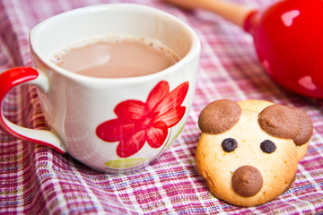 Hot chocolate with teddy bear cookies breakfast for children