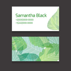 Double sided business card template with a green leaves and place for text for your design
