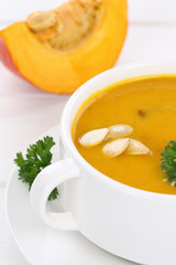 Kürbissuppe Kürbis Suppe Nahaufnahme Kürbiscremesuppe in Supp