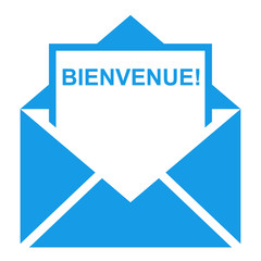 Icono sobre texto BIENVENUE azul