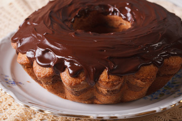 chocolate cake fancy bread on a plate closeup. Horizontal
