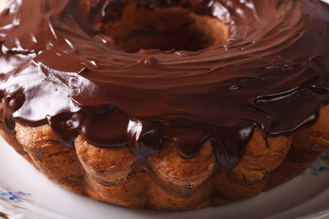 chocolate cake fancy bread on a plate macro . horizontal
