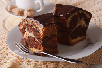 Chocolate piece of marble cake closeup horizontal
