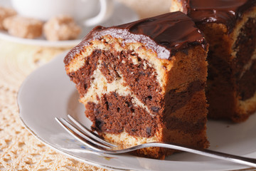 delicious piece of marble cake with chocolate macro. horizontal
