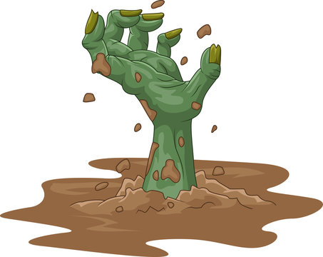 Cartoon zombie hand out of the ground on isolated background