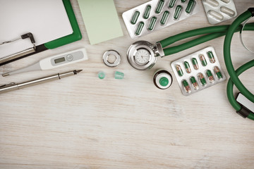 Wooden doctor desk background with copy space at bottom