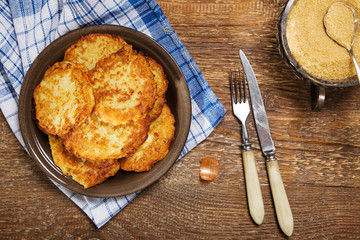 Homemade potato pancakes with brown sugar from cane.
