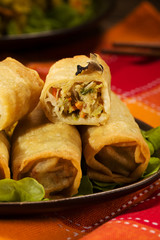 Portion baked spring rolls with vegetables and rice on a plate.