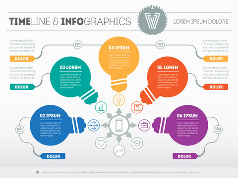 Part of the report with logo, icons set and stylized lamps. Busi