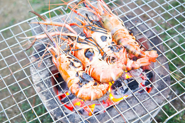 delicious prawn on grill with flames in background