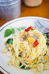 Closeup to spaghetti with clams and parsley