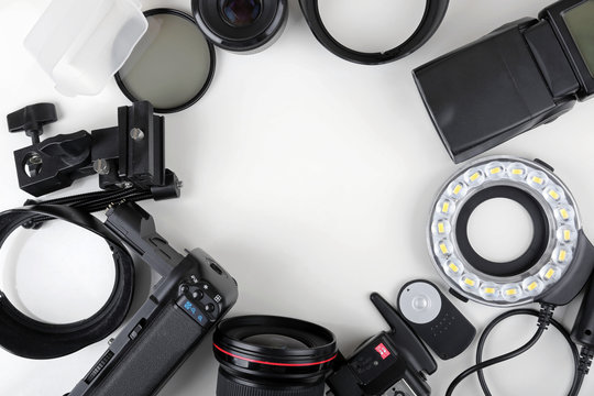 top view of photo lenses and equipment