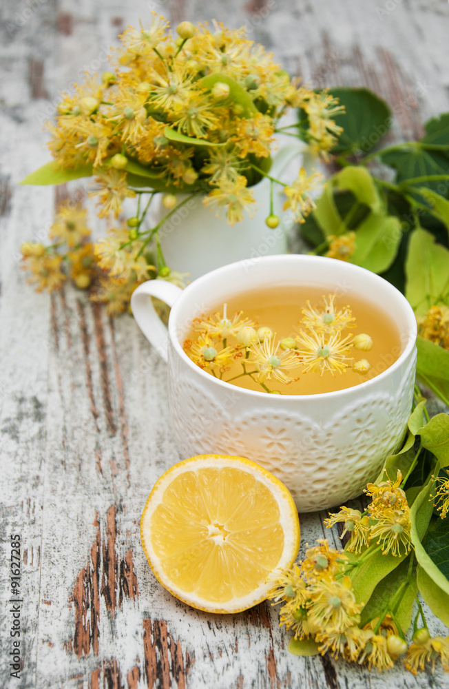 Sticker cup of herbal tea with linden flowers