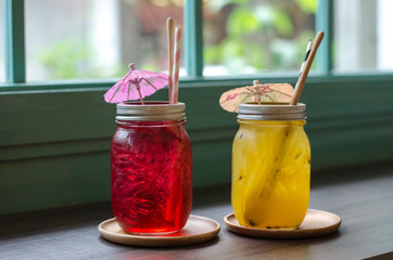 ice fruit soda on wood table