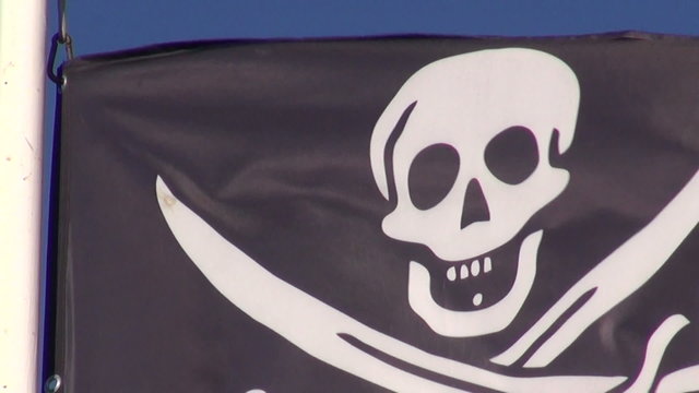 Pirate flag with a skull and bones waving in the wind

