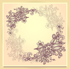 Border frame with doodle flowers beige  brown pink