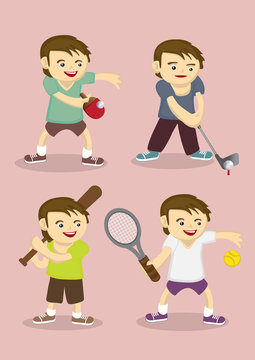 Sporty Boy Learning Sports Vector Cartoon Illustration