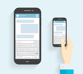 Hand Holding Phone with Keyboard. Phone Message Template.